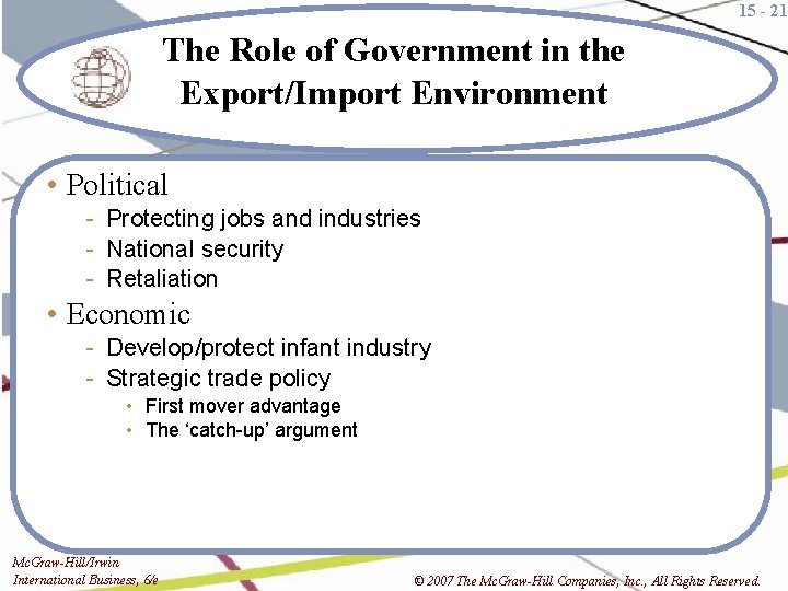 15 - 21 The Role of Government in the Export/Import Environment • Political -