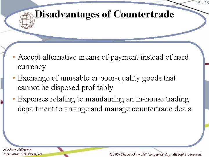 15 - 28 Disadvantages of Countertrade • Accept alternative means of payment instead of