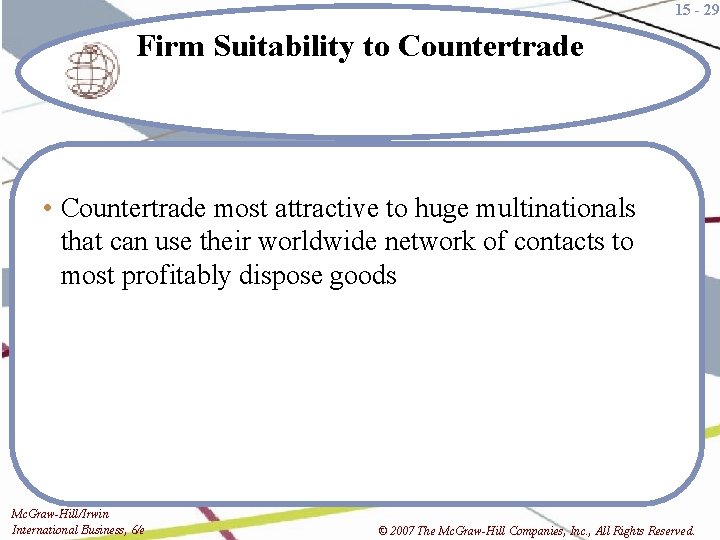 15 - 29 Firm Suitability to Countertrade • Countertrade most attractive to huge multinationals
