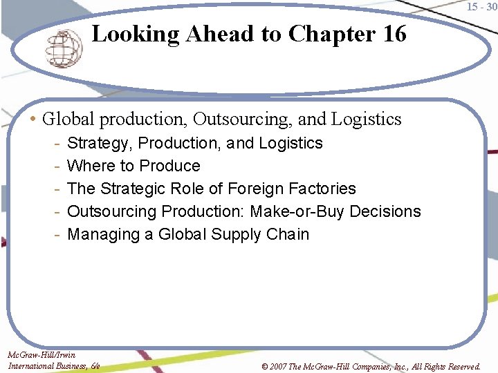 15 - 30 Looking Ahead to Chapter 16 • Global production, Outsourcing, and Logistics