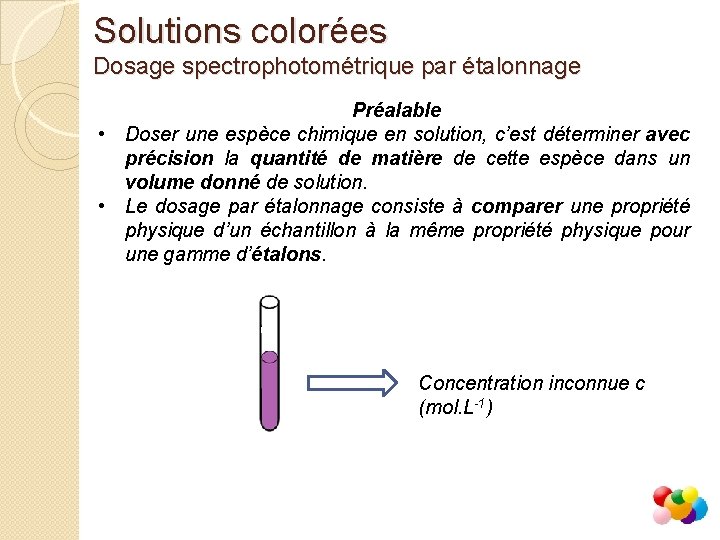 Solutions colorées Dosage spectrophotométrique par étalonnage Préalable • Doser une espèce chimique en solution,