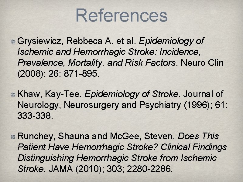 References Grysiewicz, Rebbeca A. et al. Epidemiology of Ischemic and Hemorrhagic Stroke: Incidence, Prevalence,