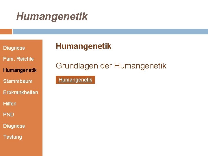 Humangenetik Diagnose Fam. Reichle Humangenetik Grundlagen der Humangenetik Stammbaum Erbkrankheiten Hilfen PND Diagnose Testung