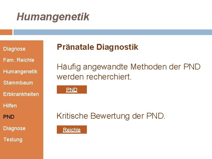 Humangenetik Diagnose Fam. Reichle Humangenetik Stammbaum Pränatale Diagnostik Häufig angewandte Methoden der PND werden