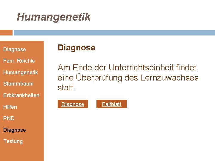 Humangenetik Diagnose Fam. Reichle Humangenetik Stammbaum Diagnose Am Ende der Unterrichtseinheit findet eine Überprüfung