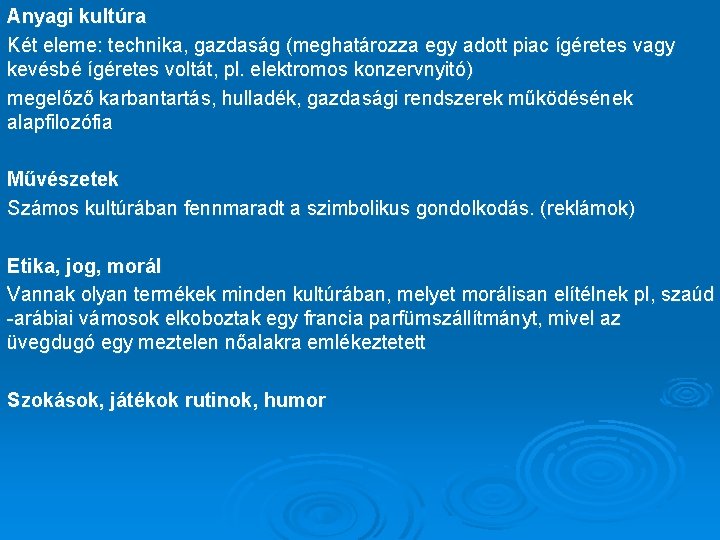 Anyagi kultúra Két eleme: technika, gazdaság (meghatározza egy adott piac ígéretes vagy kevésbé ígéretes