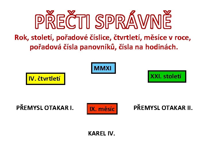 Rok, století, pořadové číslice, čtvrtletí, měsíce v roce, pořadová čísla panovníků, čísla na hodinách.