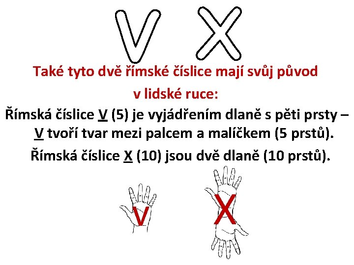 Také tyto dvě římské číslice mají svůj původ v lidské ruce: Římská číslice V