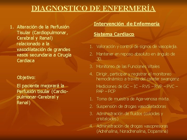 DIAGNOSTICO DE ENFERMERÍA 1. Alteración de la Perfusión Tisular (Cardiopulmonar, Cerebral y Renal) relacionado