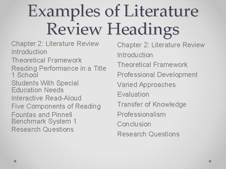 Examples of Literature Review Headings Chapter 2: Literature Review Introduction Theoretical Framework Reading Performance