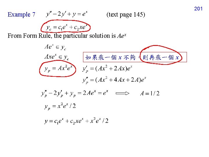Example 7 (text page 145) From Form Rule, the particular solution is Aex 如果乘一個