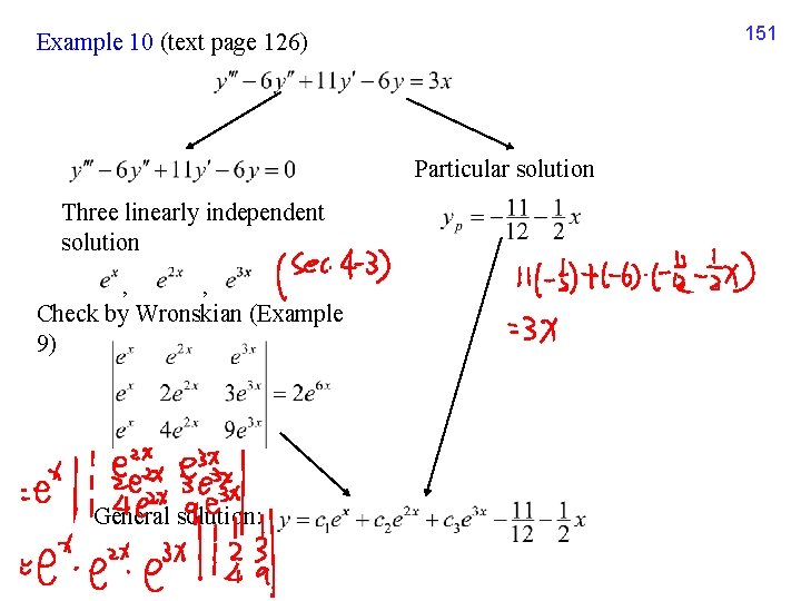 151 Example 10 (text page 126) Particular solution Three linearly independent solution , Check
