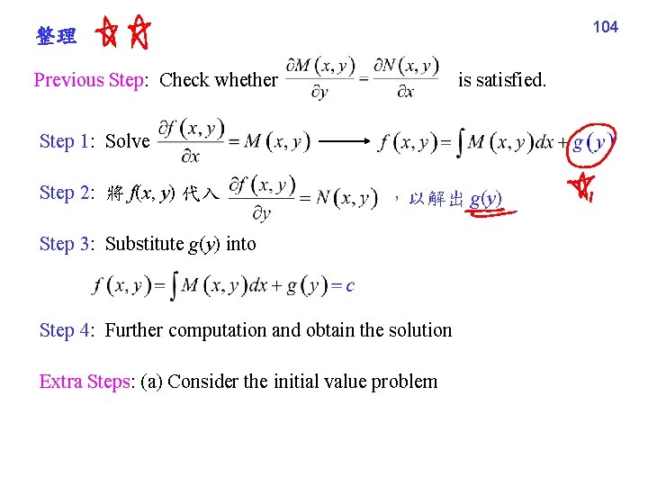 104 整理 Previous Step: Check whether is satisfied. Step 1: Solve Step 2: 將