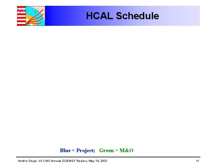 HCAL Schedule Blue = Project; Green = M&O Andris Skuja: US CMS Annual DOE/NSF HCAL Schedule Blue = Project; Green = M&O Andris Skuja: US CMS Annual DOE/NSF
