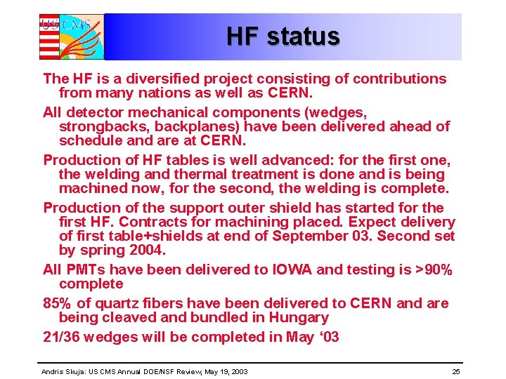 HF status The HF is a diversified project consisting of contributions from many nations HF status The HF is a diversified project consisting of contributions from many nations