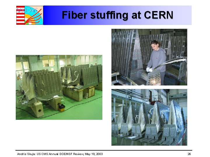 Fiber stuffing at CERN Andris Skuja: US CMS Annual DOE/NSF Review, May 19, 2003 Fiber stuffing at CERN Andris Skuja: US CMS Annual DOE/NSF Review, May 19, 2003