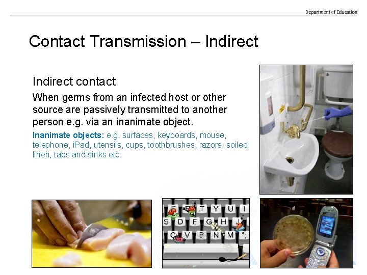 Contact Transmission – Indirect contact When germs from an infected host or other source