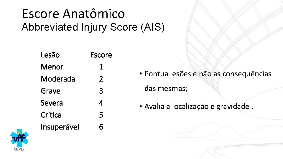 Escore Anatômico Abbreviated Injury Score (AIS) Lesão Menor Moderada Grave Severa Critica Insuperável Escore