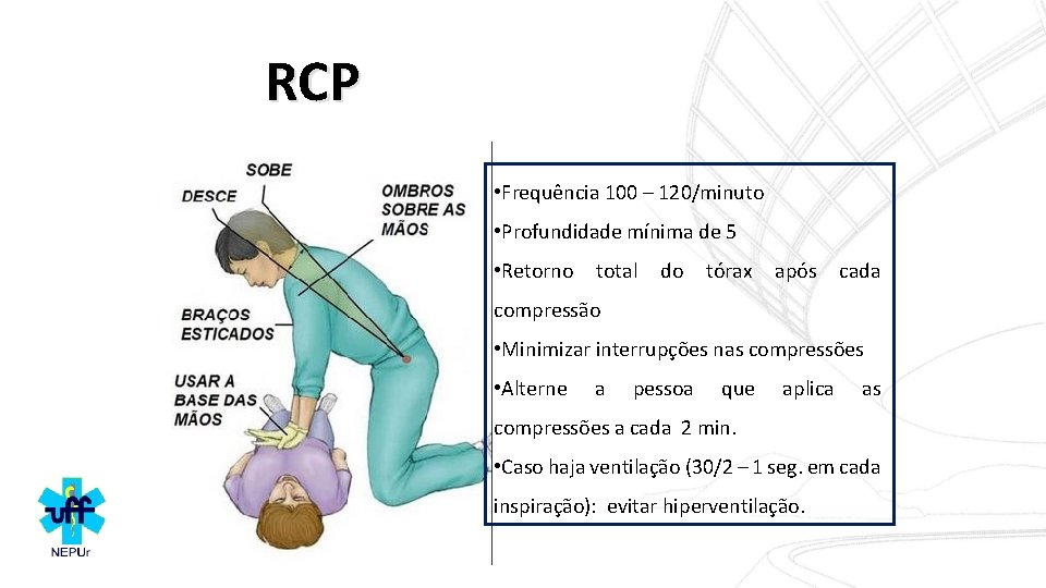 RCP • Frequência 100 – 120/minuto • Profundidade mínima de 5 • Retorno total