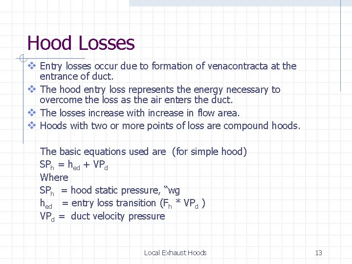 Hood Losses v Entry losses occur due to formation of venacontracta at the entrance