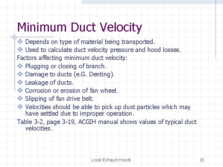 Minimum Duct Velocity v Depends on type of material being transported. v Used to