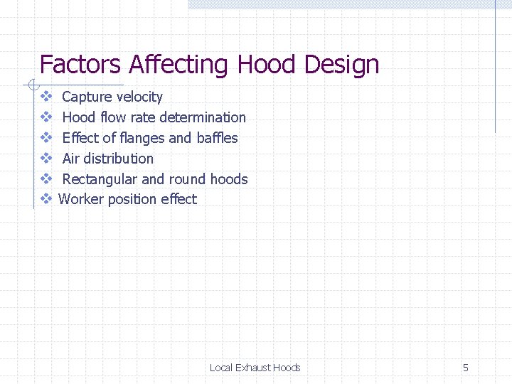 Factors Affecting Hood Design v v v Capture velocity Hood flow rate determination Effect