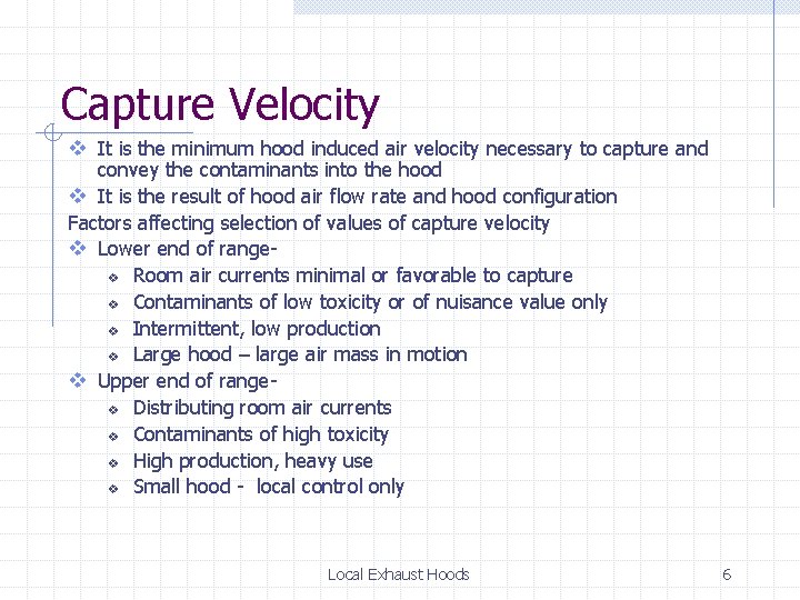 Capture Velocity v It is the minimum hood induced air velocity necessary to capture