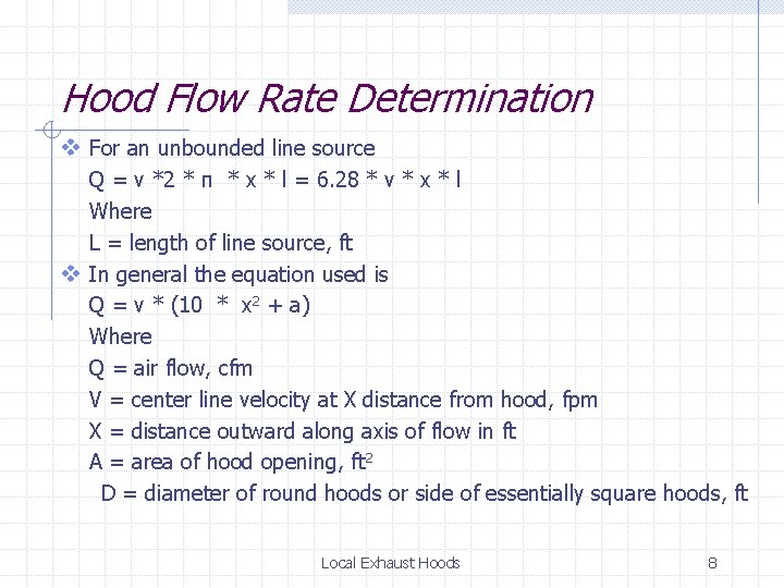 Hood Flow Rate Determination v For an unbounded line source Q = v *2