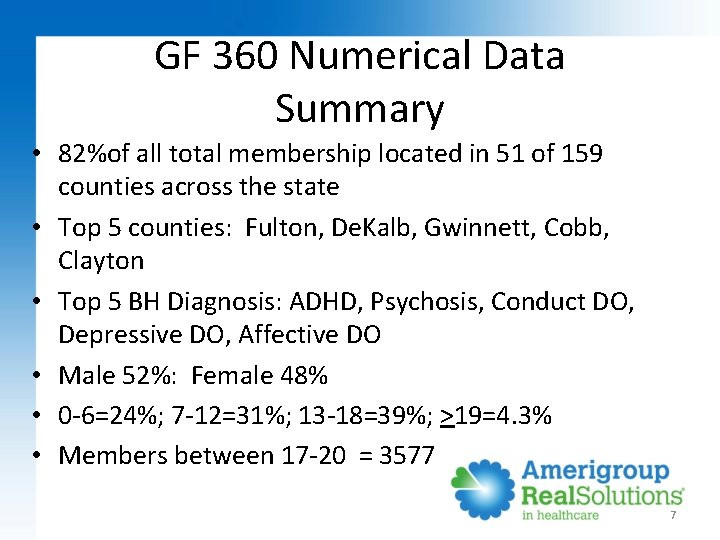 GF 360 Numerical Data Summary • 82%of all total membership located in 51 of