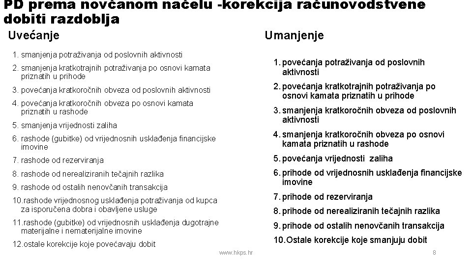 PD prema novčanom načelu -korekcija računovodstvene dobiti razdoblja Umanjenje Uvećanje 1. smanjenja potraživanja od