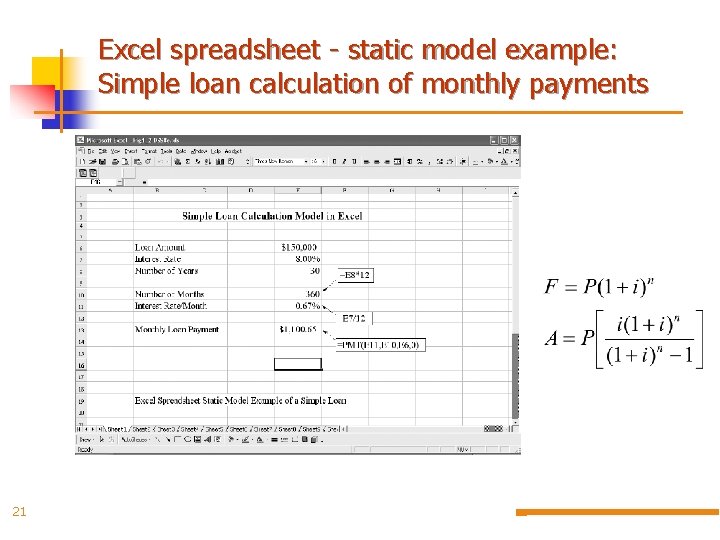 Excel spreadsheet - static model example: Simple loan calculation of monthly payments 21 
