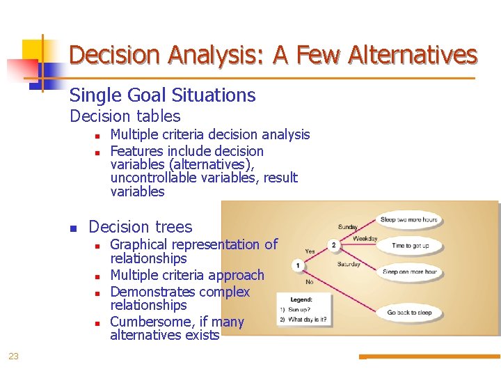 Decision Analysis: A Few Alternatives Single Goal Situations Decision tables n n n Decision