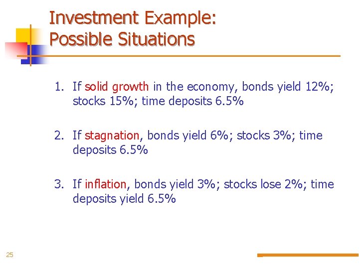 Investment Example: Possible Situations 1. If solid growth in the economy, bonds yield 12%;