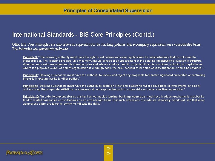 Principles of Consolidated Supervision International Standards - BIS Core Principles (Contd. ) Other BIS