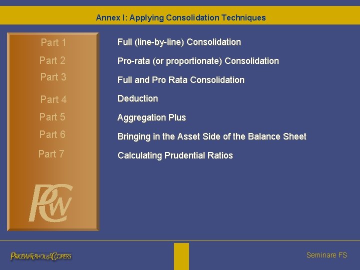 Annex I: Applying Consolidation Techniques Part 1 Full (line-by-line) Consolidation Part 2 Pro-rata (or