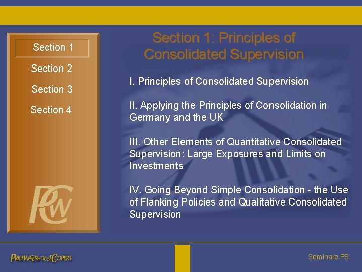 Section 1: Principles of Consolidated Supervision Section 2 Section 3 Section 4 I. Principles