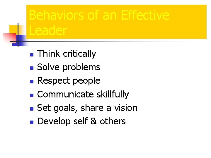 Behaviors of an Effective Leader n n n Think critically Solve problems Respect people