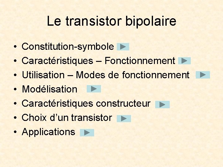 Le transistor bipolaire • • Constitution-symbole Caractéristiques – Fonctionnement Utilisation – Modes de fonctionnement