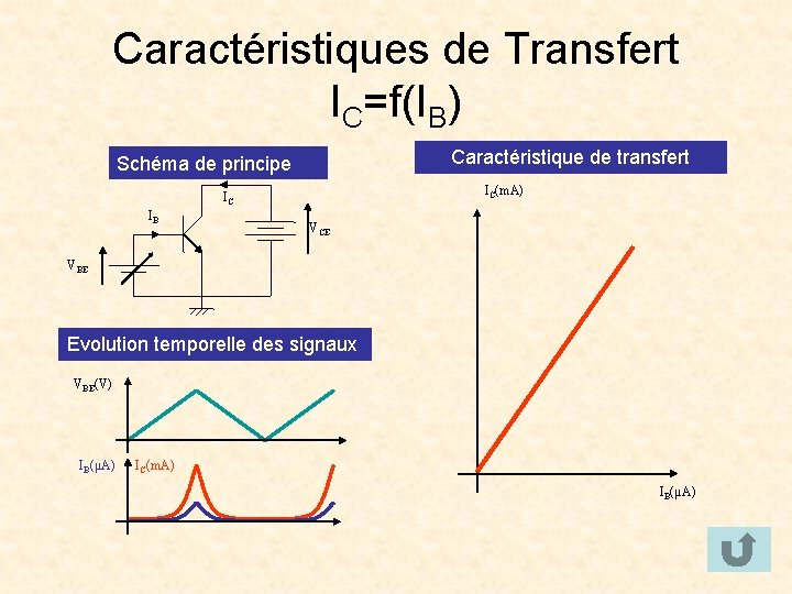 Caractéristiques de Transfert IC=f(IB) Caractéristique de transfert Schéma de principe IC(m. A) IC IB