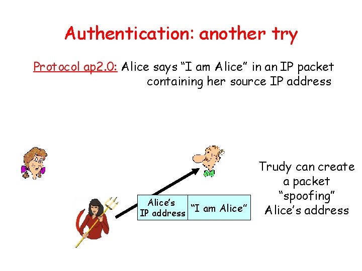 Authentication: another try Protocol ap 2. 0: Alice says “I am Alice” in an