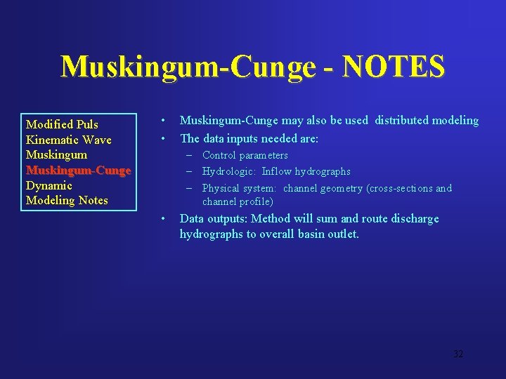 Muskingum-Cunge - NOTES Modified Puls Kinematic Wave Muskingum-Cunge Dynamic Modeling Notes • • Muskingum-Cunge