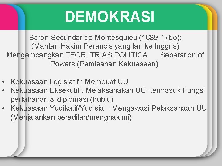 DEMOKRASI Baron Secundar de Montesquieu (1689 -1755): (Mantan Hakim Perancis yang lari ke Inggris)