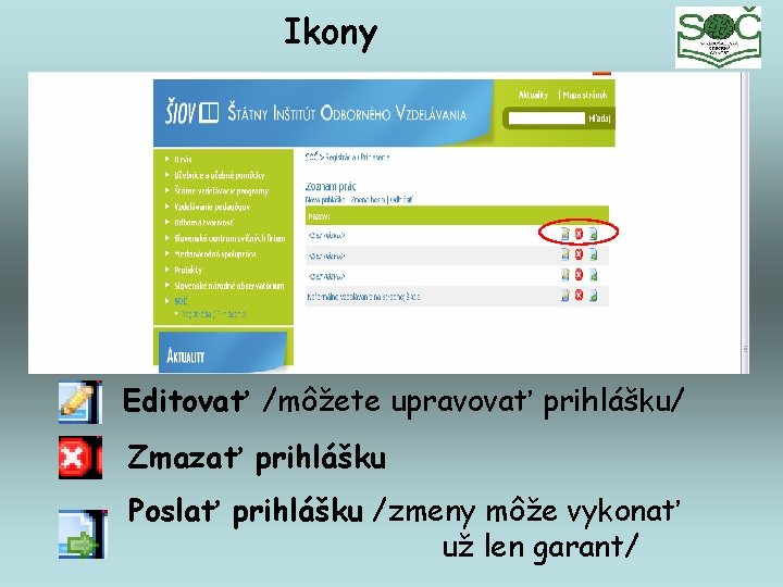 Ikony Editovať /môžete upravovať prihlášku/ Zmazať prihlášku Poslať prihlášku /zmeny môže vykonať už len