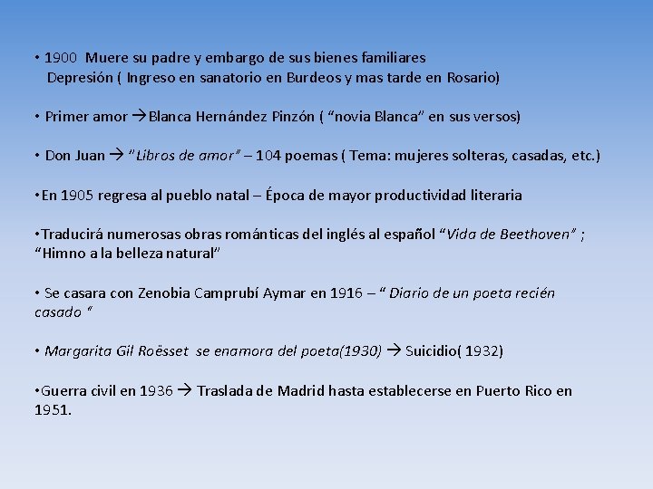  • 1900 Muere su padre y embargo de sus bienes familiares Depresión (