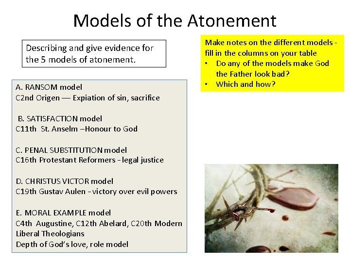 Models of the Atonement Describing and give evidence for the 5 models of atonement.