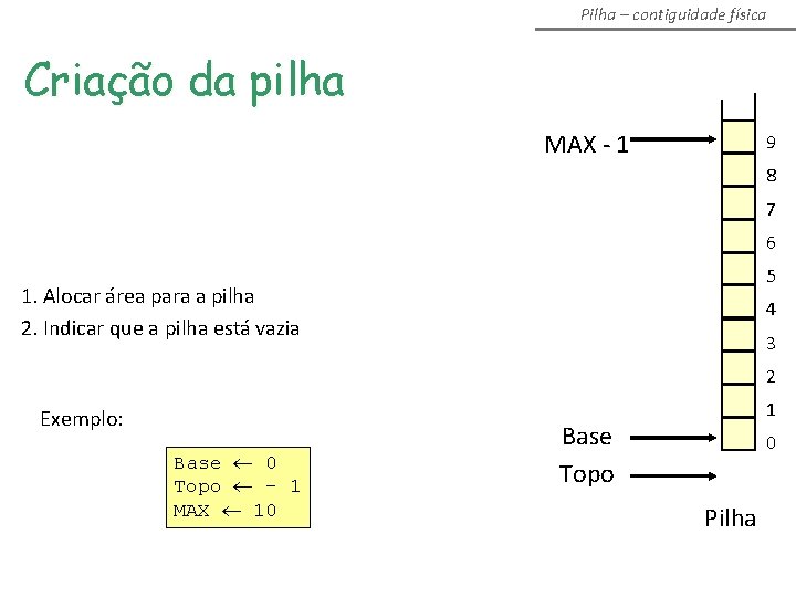 Pilha – contiguidade física Criação da pilha MAX - 1 9 8 7 6 Pilha – contiguidade física Criação da pilha MAX - 1 9 8 7 6