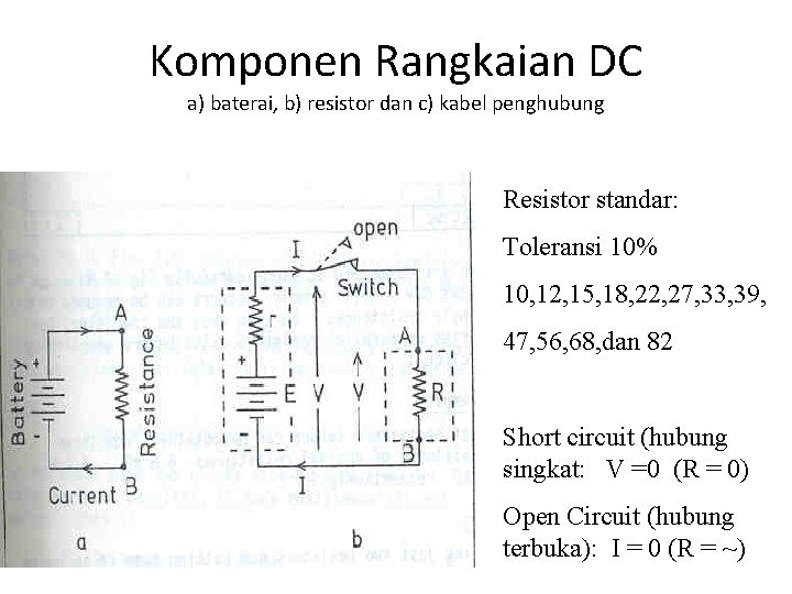 Komponen Rangkaian DC a) baterai, b) resistor dan c) kabel penghubung Resistor standar: Toleransi