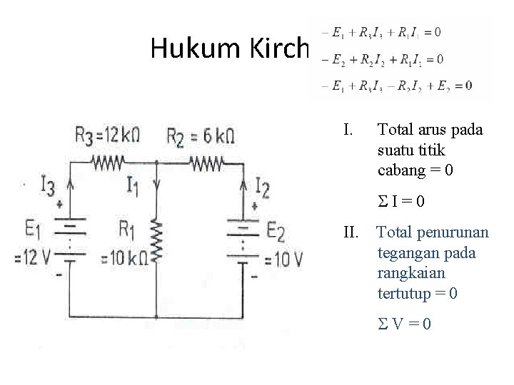 Hukum Kirchhoff I. Total arus pada suatu titik cabang = 0 I=0 II. Total