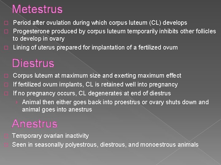 Metestrus Period after ovulation during which corpus luteum (CL) develops � Progesterone produced by