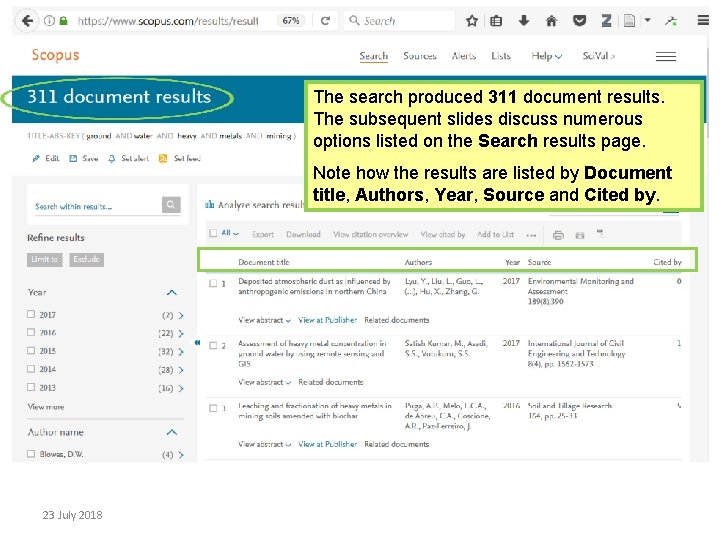 The search produced 311 document results. The subsequent slides discuss numerous options listed on